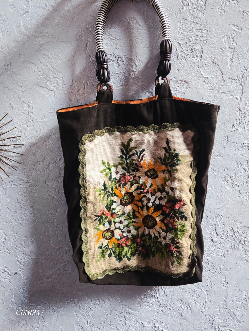 Cottage Core Hand-Embroidered Floral Tote Bag in Dark Green And Orange
